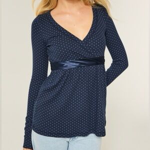 Hollister Easy Long-Sleeve Wrap-Front Babydoll Top | Navy Blue Dot